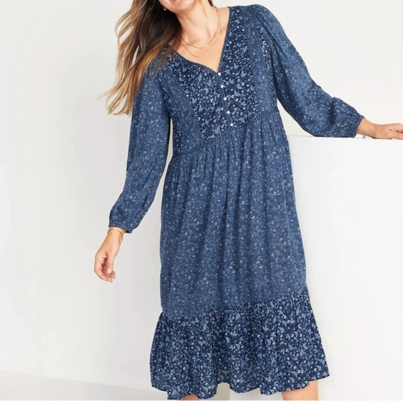 Old Navy Blue Floral Midi-Dress Cottage core SZ M Tiered - Picture 1 of 11